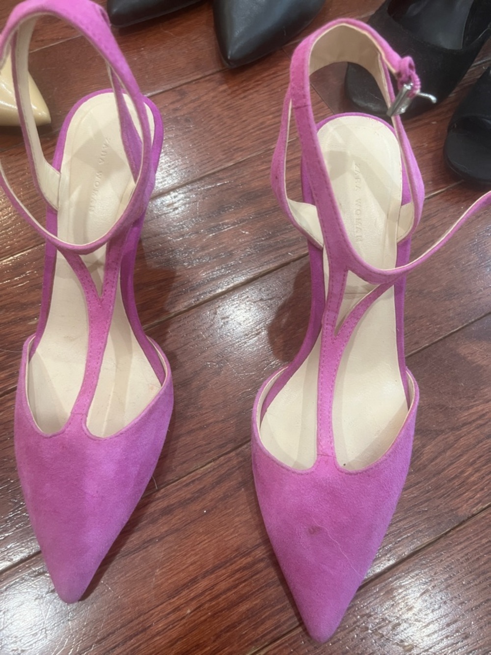 Zara Fuchsia Suede T-Strap Pointed Heels